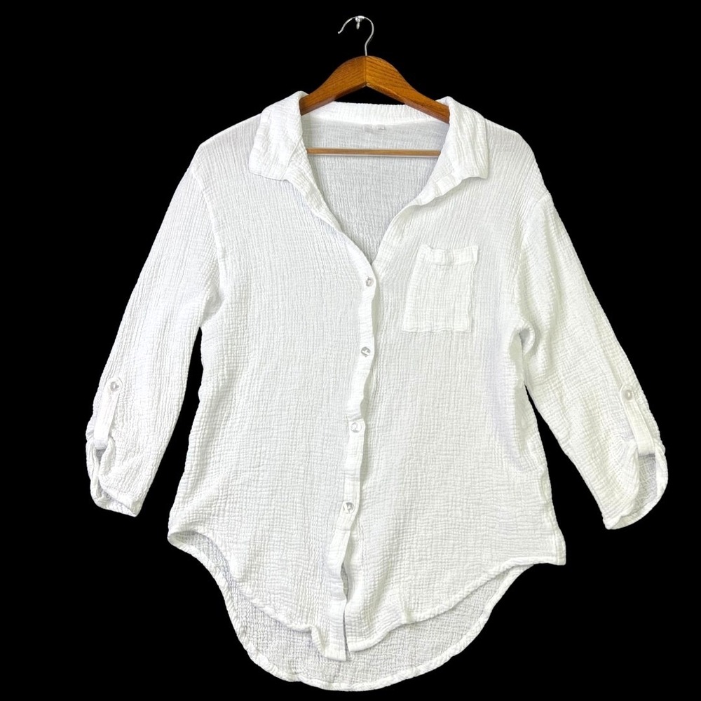 Tahiti 100% Cotton Tunic White Boho Lagenlook Coastal Top Women's Size L